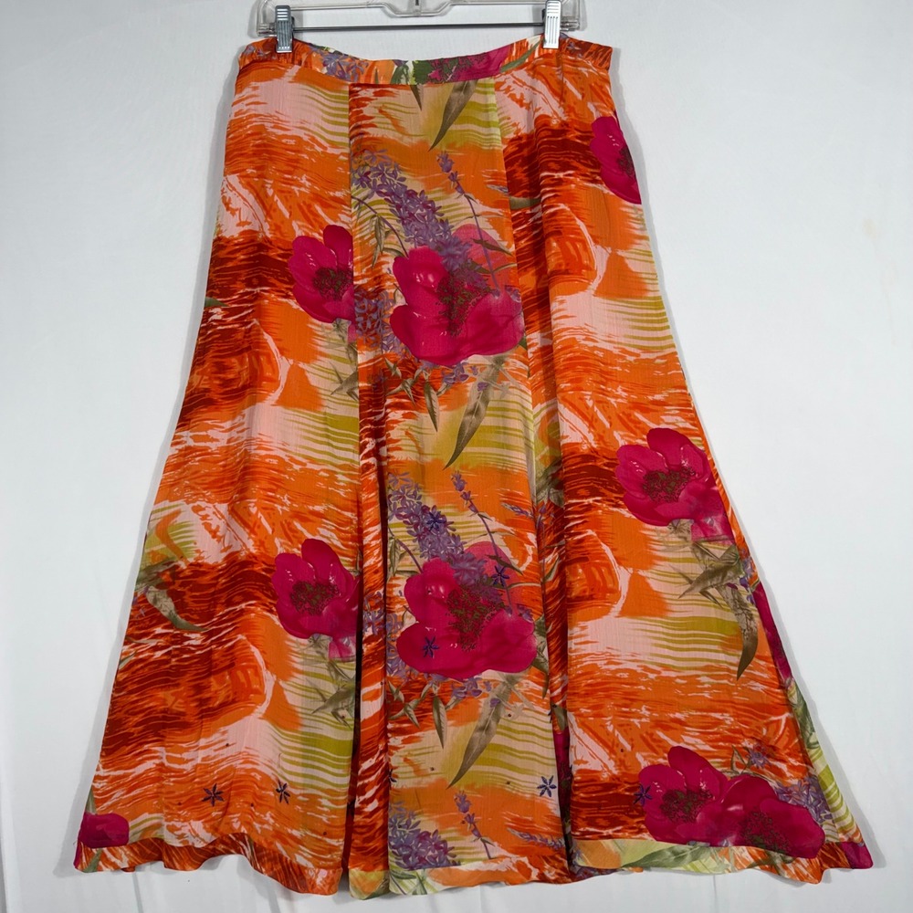Vtg Y2K Coldwater Creek Orange Floral Beaded Chiffon Maxi Skirt XL Tropical Boho